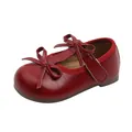 Elegant red toddler girls Mary Jane leather shoes with double bow design and T-strap - Red