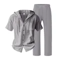 Casual men's summer linen set featuring a hooded short sleeve shirt and matching long pants - Dark Gray