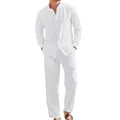 Men's white casual linen two-piece outfit including a stand-collar shirt and loose pants - White