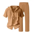 Men's tan linen two-piece set featuring a hooded short-sleeve shirt and matching pants - Earthy Yellow