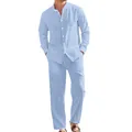 Detailed view of a men's light blue linen set featuring a button-down mandarin collar shirt - Light Blue