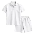 Completo uomo due pezzi in lino bianco con polo a maniche corte e pantaloncini estivi chic. - Taglia S / Top E Pantaloni / Bianco