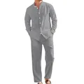 Detail view of a men's grey linen casual set featuring a mandarin collar shirt and pants - Dark Gray