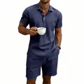 Macro detail of men's navy linen polo and shorts set with slub texture for summer - Navy Blue
