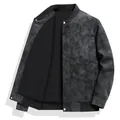 Stylish men's baseball collar leather jacket with distressed grey textured finish - M / Tops / Black