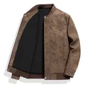 Premium men's vintage suede-textured baseball collar leather jacket in coffee brown color - M / Tops / Coffee