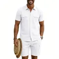 Detailed view of men's white linen cargo shirt paired with matching multi-pocket casual shorts - White