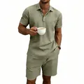 Sage green men's linen polo and shorts set for summer vacation beach wear. - Army Green