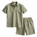 Completo da uomo con polo e pantaloncini in lino verde salvia con trama fine. - Taglia S / Top E Pantaloni / Verde militare