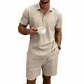 Macro view of beige linen polo set fabric texture and relaxed summer holiday style - Khaki