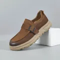 Retro vintage brown leather casual loafers for men featuring buckle strap and thick soft sole - Brown