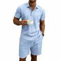 Detailed view of men's light blue linen casual short sleeve polo shirt and shorts summer set - Light Blue