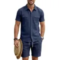 Men's blue linen set with short sleeve utility shirt and matching multi-pocket cargo shorts - S / Top And Bottom / Navy Blue
