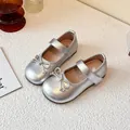Elegant silver girls Mary Jane princess shoes with delicate bow and metallic finish - 23 / Silver