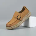 Premium tan genuine leather men's casual loafers with buckle detail and thick sole - Apricot