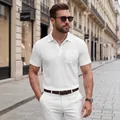 Premium men's summer white waffle knit short sleeve polo shirt with chest pocket detail - S / Tops / White