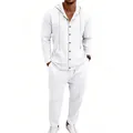 Heren tweedelige set: los wit linnen overhemd met capuchon en een casual lange broek - S / Boven- En Onderstuk / Wit
