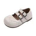 Cream British style girl's Mary Jane leather shoes with double buckle straps and brogue toe. - Size 27 Inner Length 16.7cm / Beige