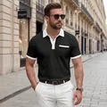 Men's black waffle knit polo shirt with white contrast collar and chest pocket detail - S / Tops / Black
