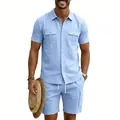 Detail view of men's light blue linen casual set with short sleeve shirt and cargo shorts - S / Top And Bottom / Light Blue