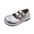 Elegant silver girls' Mary Jane leather shoes with double buckle straps - Size 27 Inner Length 16.7cm / Silver