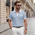 Premium men's light blue waffle polo shirt with white contrast collar and pocket trim. - S / Tops / Light Blue