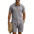 Full view of men's gray linen shirt and cargo shorts set with straw hat accessory - S / Top And Bottom / Medium Grey