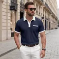 Polo en maille gaufrée bleu marine pour homme avec col et poignets contrastés - Bleu marine