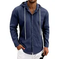 Detail view of the navy blue hooded linen shirt featuring button-down front and drawstrings. - S / Tops / Navy Blue