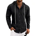 Detail shot of men's casual black linen hooded long-sleeved shirt with buttons. - S / Tops / Black