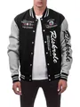 Detailed front view of men's black and grey varsity jacket with white script print - Light Gray