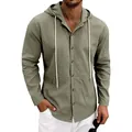 Detailed view of army green linen hooded long sleeve shirt for men's casual beachwear - S / Tops / Army Green