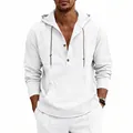 Casual ανδρικό λευκό λινό πουκάμισο Henley με κουκούλα, κορδόνι και μπροστινή τσέπη - S / Tops / Λευκό