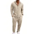 Men's two-piece linen vacation set with hooded shirt and loose trousers in beige - Khaki