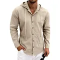 Men's casual khaki linen hooded shirt featuring a button-down front and drawstring detail - S / Tops / Khaki