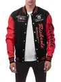 Detailed view of men's black and red varsity jacket with naval-themed letter prints. - S / Tops / Red