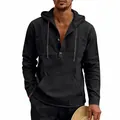 Detail view of men's black linen hooded Henley shirt with front kangaroo pocket. - Black