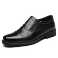 Men's classic black business leather dress shoes with perforated breathable cap-toe design - Hollow Slip-on Style (1050-1)