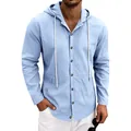 Detail view of light blue men's linen hooded shirt with long sleeves and buttons - S / Tops / Light Blue
