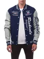 Men's navy and grey varsity jacket featuring white letter prints on chest and sleeve - S / Tops / Navy Blue