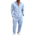 Men's relaxed fit light blue linen hooded shirt and matching trousers set for casual vacation - Light Blue