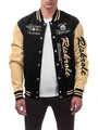 Detail shot of a men's black and beige varsity jacket with embroidered letter patches - S / Tops / Khaki