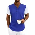 Men's blue and white waffle knit Henley t-shirt with short sleeves and buttons - S / Tops / Sapphire Blue