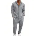 Detailed view of gray linen hooded shirt and loose pants set for men casual style - Dark Gray