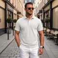 Men's casual white textured short sleeve polo shirt with multi-button lapel collar - S / Tops / White