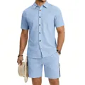 Lichtblauwe herenset met korte mouwen en korte broek met trekkoord voor de zomer - S / Boven- En Onderstuk / Lichtblauw
