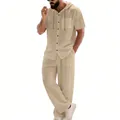 Men's casual 2-piece hooded short sleeve shirt and long pants set in beige cotton linen style - Light Khaki