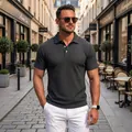 Men's dark grey short-sleeved polo shirt with textured jacquard pattern and lapel - S / Tops / Black