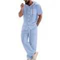 Full-length view of men's casual light blue hooded short sleeve shirt and trouser set. - Light Blue