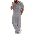 Men's casual grey hooded short-sleeve shirt and matching long trousers two-piece set - S / Top And Bottom / Dark Gray